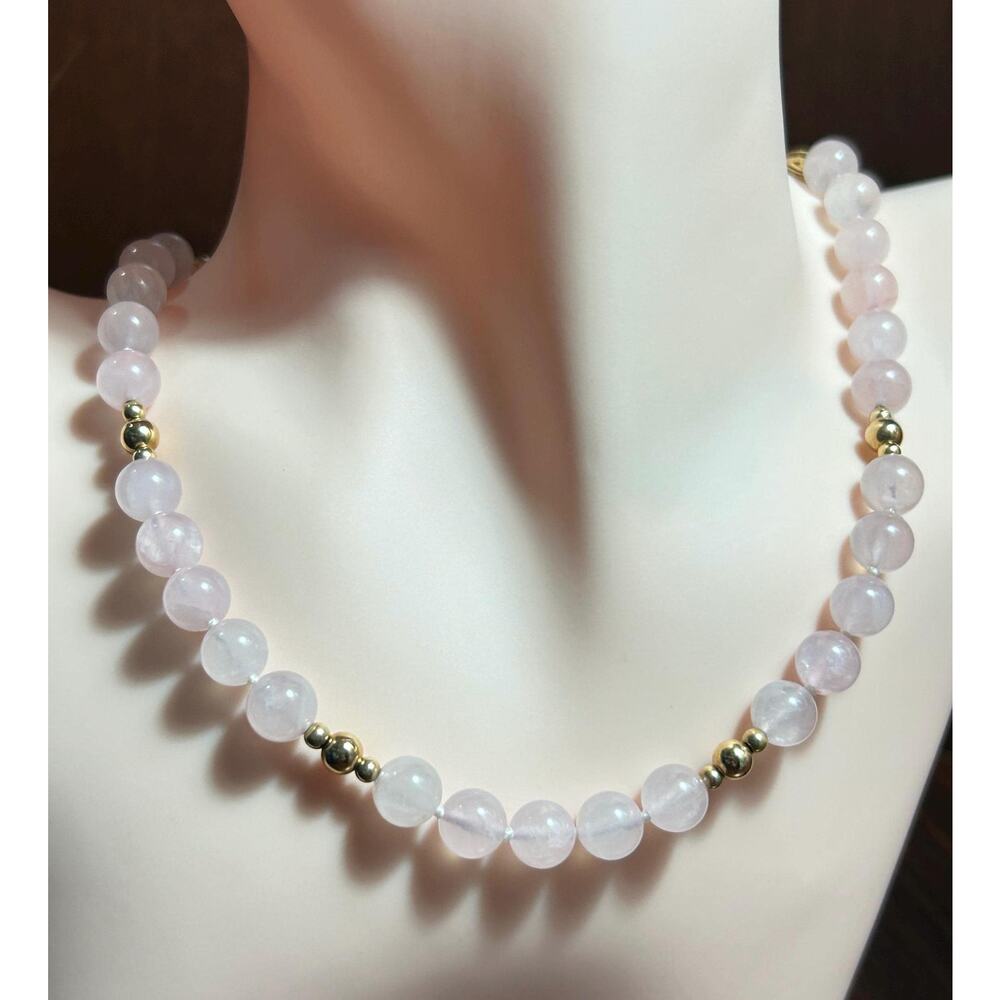 14k solid yellow gold pink quartz gemstone hand knotted bead necklace 14.3”